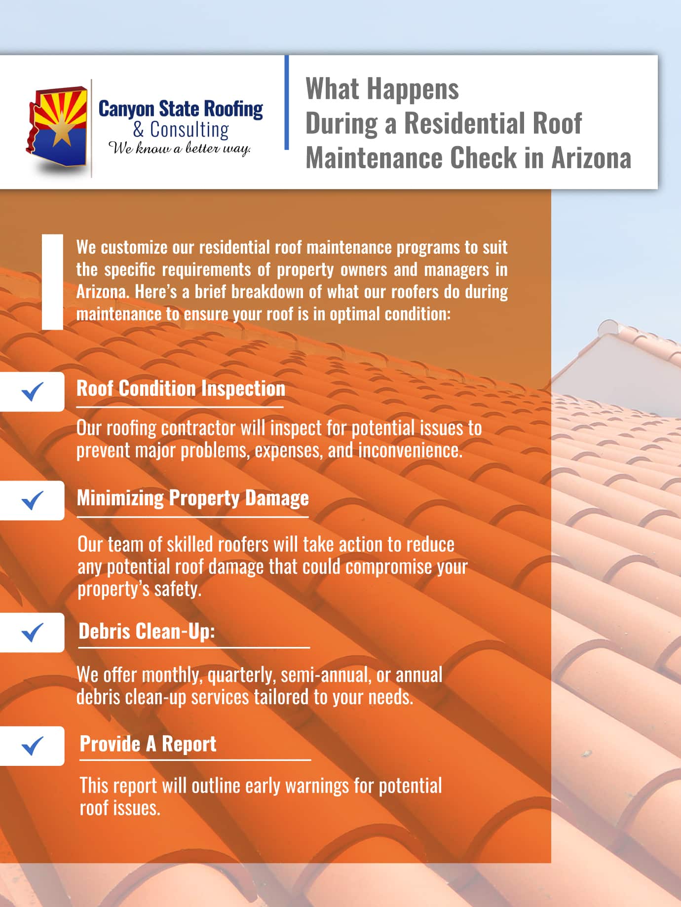 Infographic that shows what happens during a residential roof maintenance check in Arizona